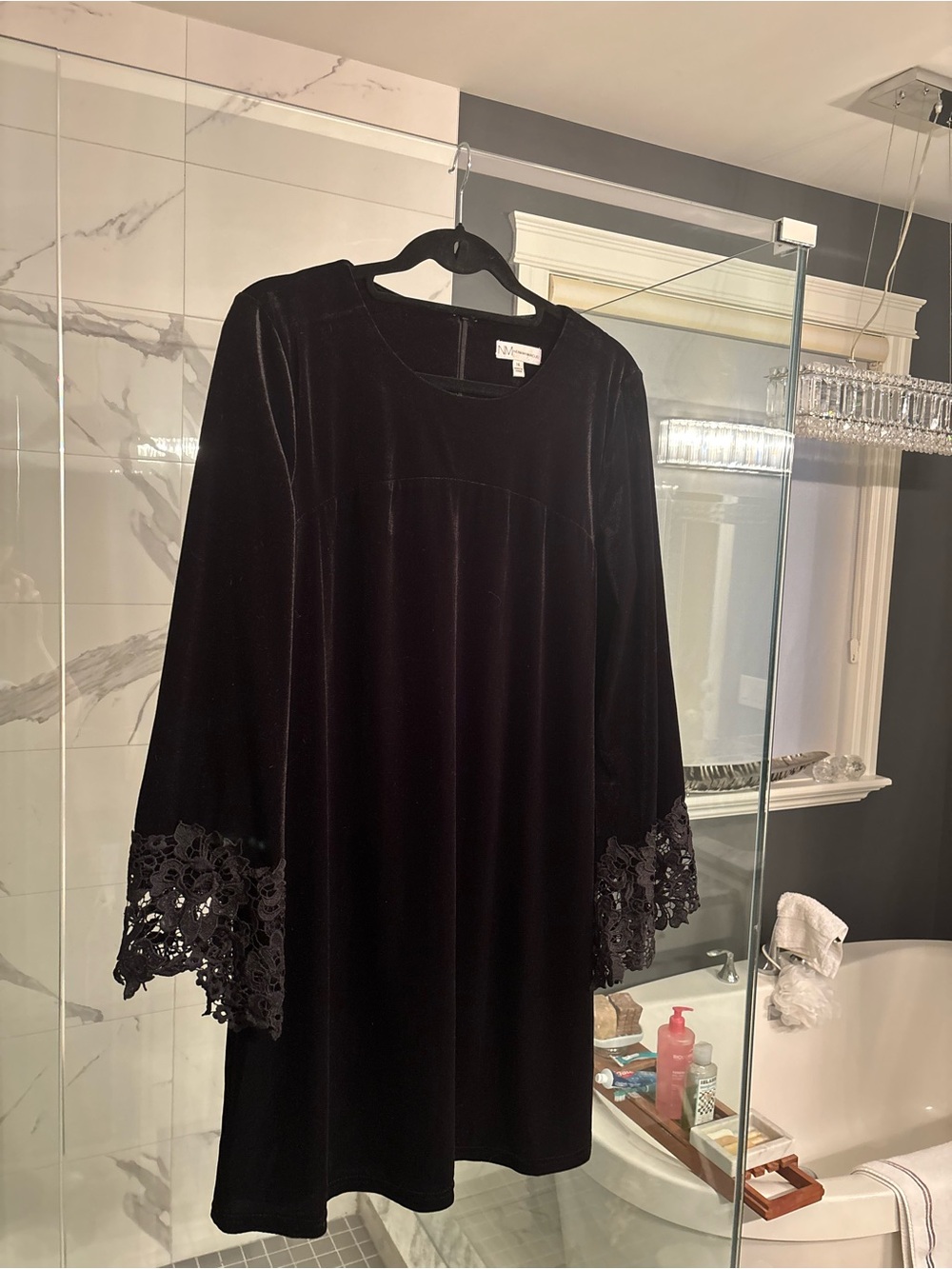 Neiman Marcus Black Velvet Shift Dress with Lace bell sleeves size 14 mod style